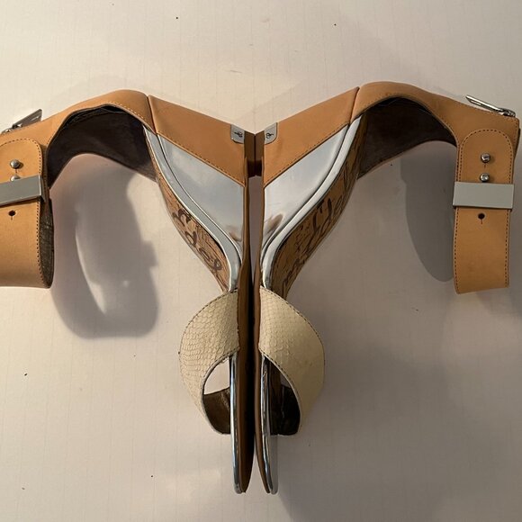 Sam Edelman Sophie Wedge Sandal Open Toe Tan Silver Cream Ankle Strap Women 8.5M - Picture 13 of 14